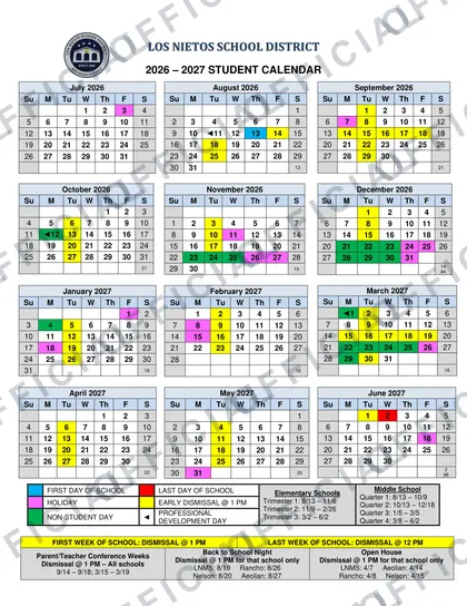 Los Nietos School District 2026-27 calendar