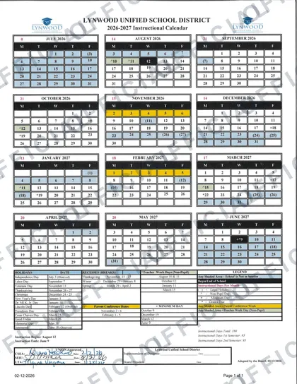 Lynwood Unified School District 2026-27 calendar