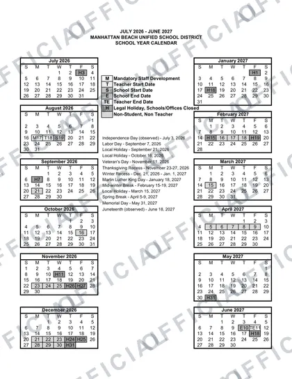 Manhattan Beach Unified School District 2026-27 calendar
