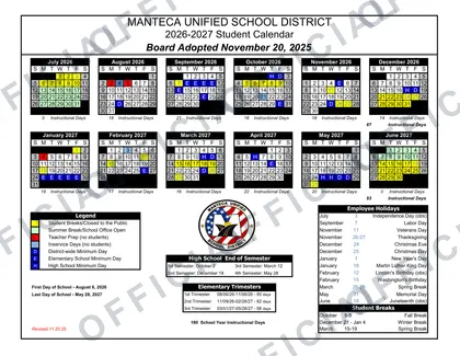 MUSD Manteca Unified School District 2026-27 calendar