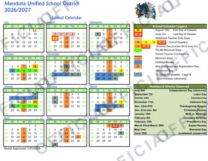 Mendota Unified School District USD 2026-27 calendar