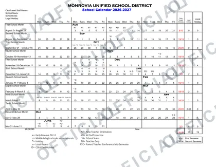 Monrovia USD Unified School District Calender 2026-27 calendar