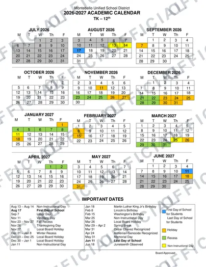 Montebello USD District Calender 2026-27 calendar