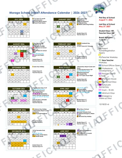 Moraga school district 2026-27 calendar