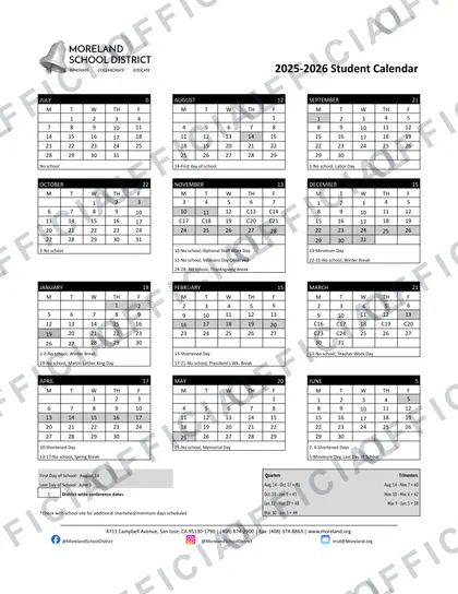 Moreland School District 2026-27 calendar