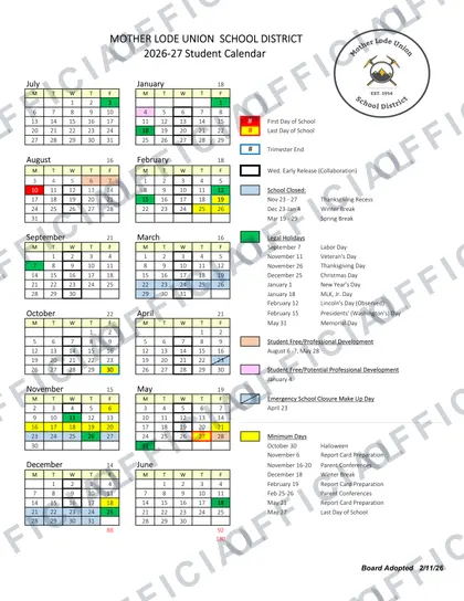 Mother Lode Union School District 2026-27 calendar