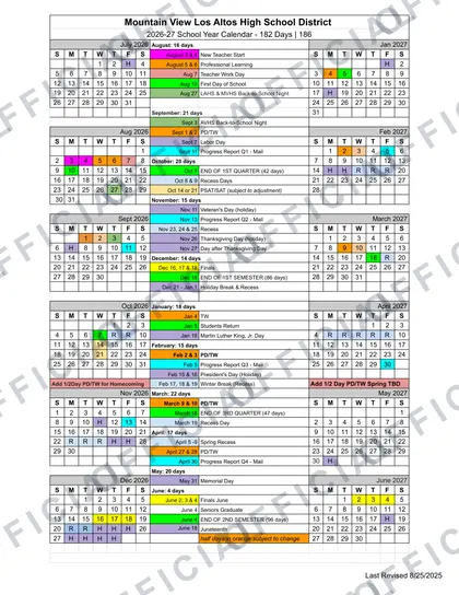 Mountain View Los Altos High School MVLA 2026-27 calendar
