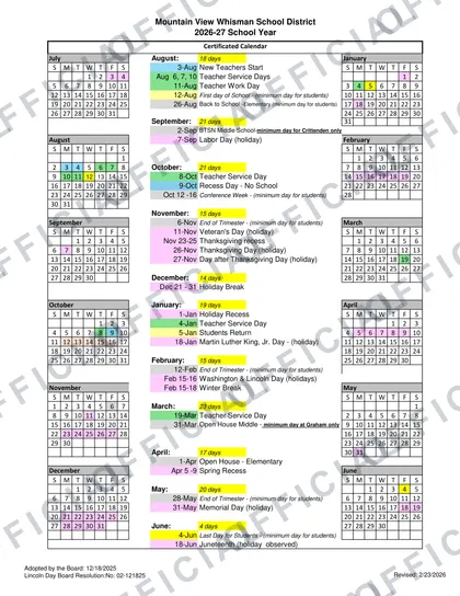 Mountain View Whisman School District 2026-27 calendar