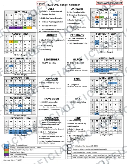 Monterey Peninsula Unified School District 2026-27 calendar
