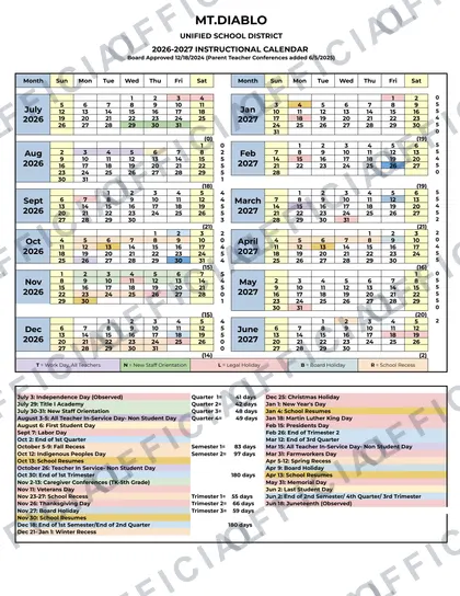 MT.DIABLO UNIFIED SCHOOL DISTRICT 2026-27 calendar