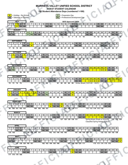 Murrieta Valley USD 2026-27 calendar