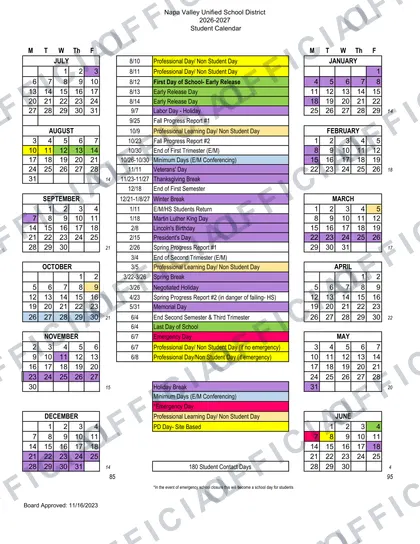 Napa Valley Unified School District 2026-27 calendar