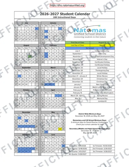 Natomas Unified School District 2026-27 calendar