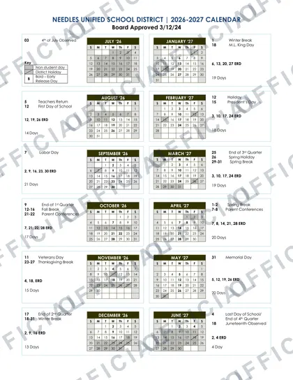Needles Unified School District usd 2026-27 calendar