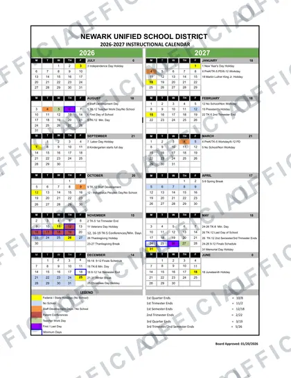 Newark Unified School District USD 2026-27 calendar