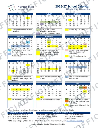 Newport-Mesa Unified School District 2026-27 calendar