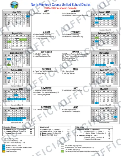 North Monterey County Unified School District 2026-27 calendar