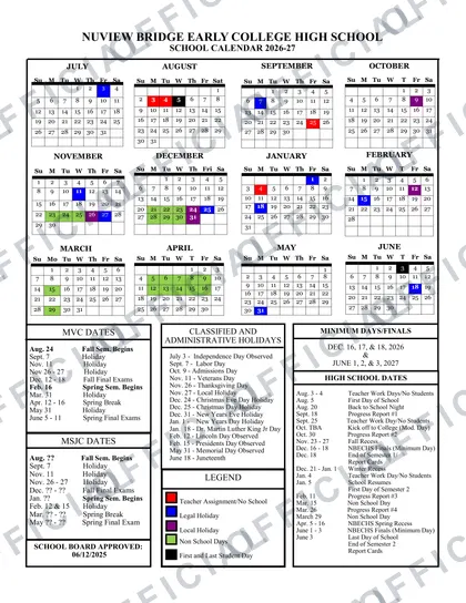 Nuview Bridge Early College High School 2026-27 calendar