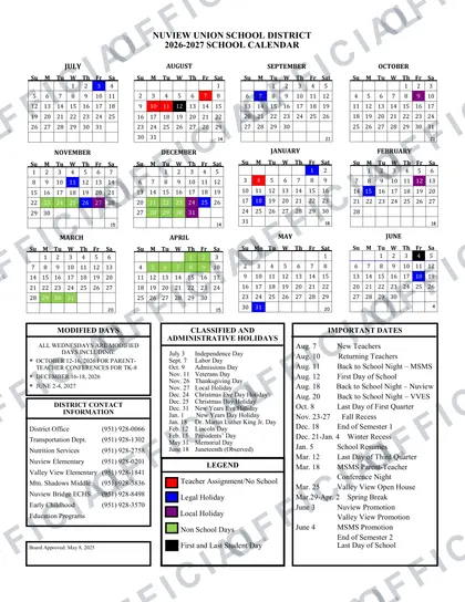Nuview Union School District 2026-27 calendar