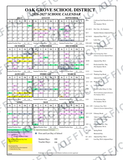 Oak Grove School District 2026-27 calendar