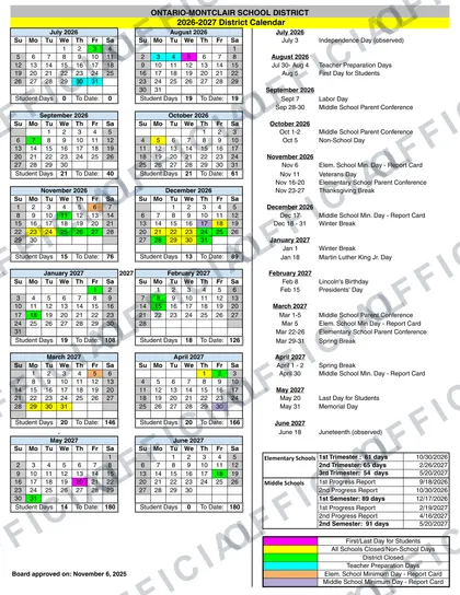 Ontario-Montclair School District 2026-27 calendar