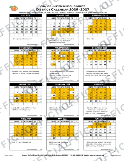 Orange Unified School District 2026-27 calendar
