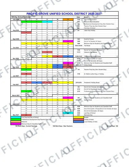 Pacific Grove Unified School District 2026-27 calendar