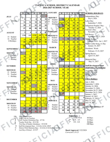 Pacifica School District 2026-27 calendar