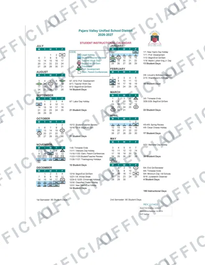 Pajaro Valley Unified School District PJUSD 2026-27 calendar