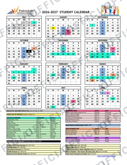 Palmdale School District 2026-27 calendar