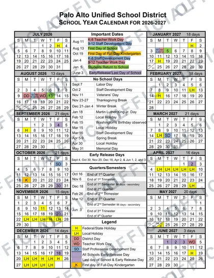 Palo Alto USD District 2026-27 calendar