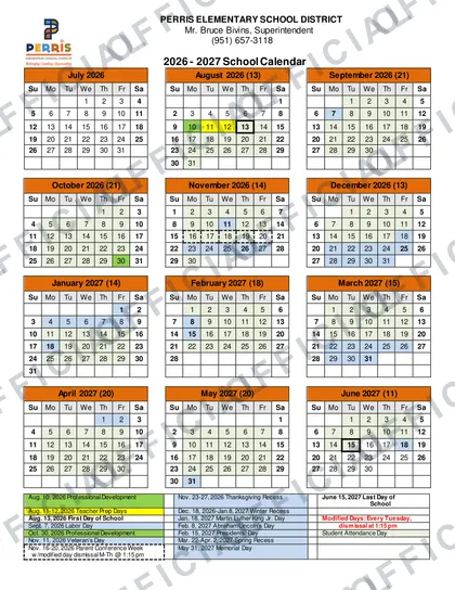 PERRIS ELEMENTARY SCHOOL DISTRICT 2026-27 calendar