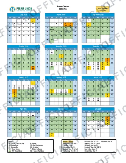 Perris Union High School District 2026-27 calendar