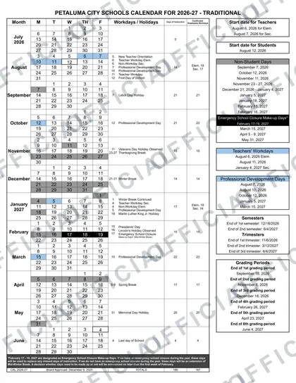 Petaluma City Schools 2026-27 calendar