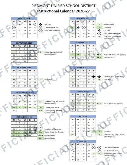 Piedmont Unified School District USD 2026-27 calendar