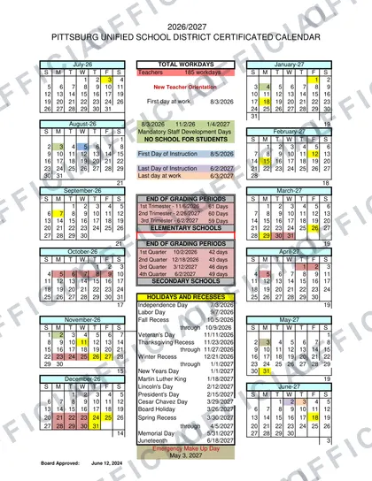 Pittsburg Unified School District 2026-27 calendar