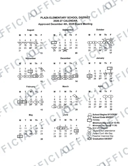 Plaza Elementary School District 2026-27 calendar