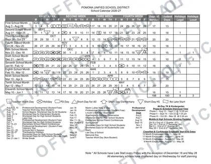 Pomona USD District Calender 2026-27 calendar