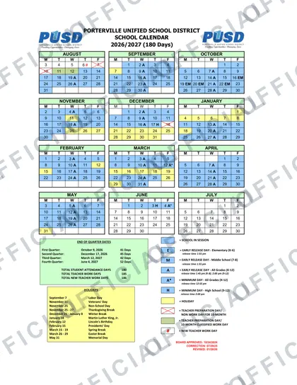 Porterville Unified School District PUSD 2026-27 calendar
