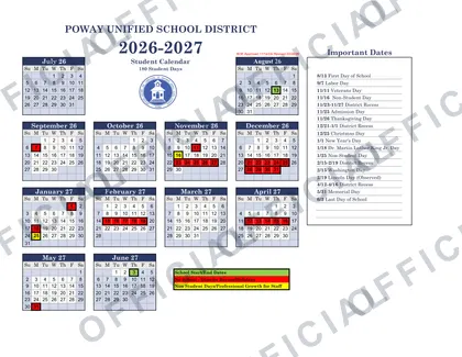 Poway usd Unified School District 2026-27 calendar