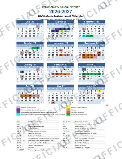 REDWOOD CITY SCHOOL DISTRICT 2026-27 calendar