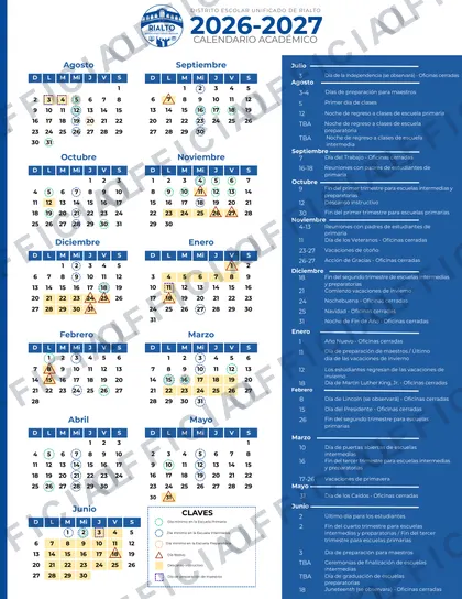 Rialto USD 2026-27 calendar