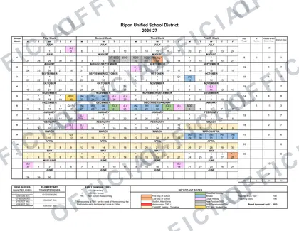 Ripon Unified School District 2026-27 calendar