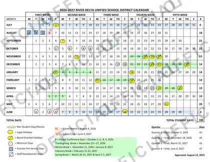 River Delta Unified School District 2026-27 calendar