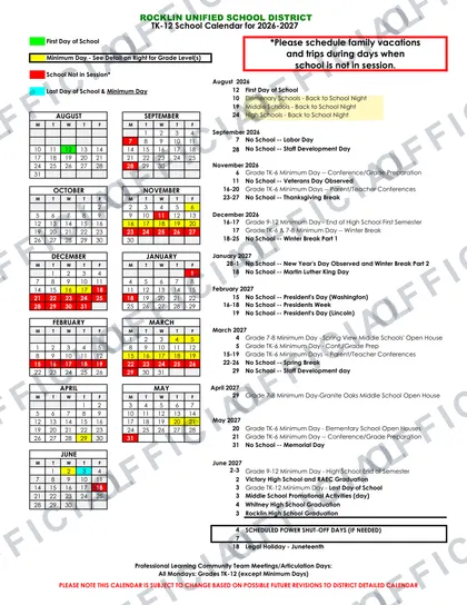 Rocklin Unified School District 2026-27 calendar