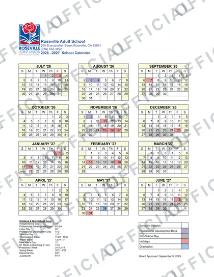 Roseville Adult School 2026-27 calendar