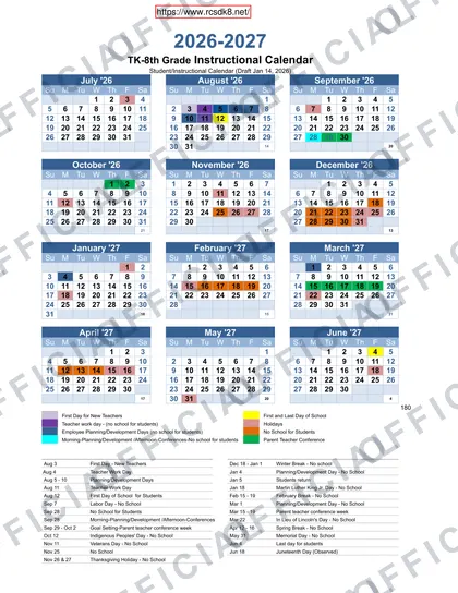 Roseville City RCSD TK-8th Grade Instructional 2026-27 calendar
