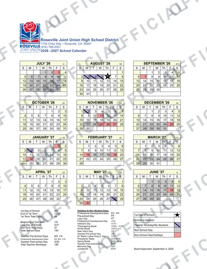 Roseville Joint Union High School District 2026-27 calendar