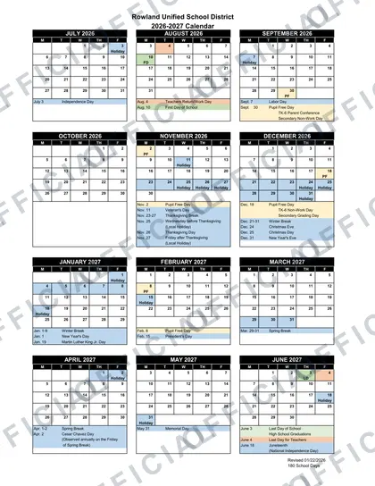 Rowland USD Calender 2026-27 calendar