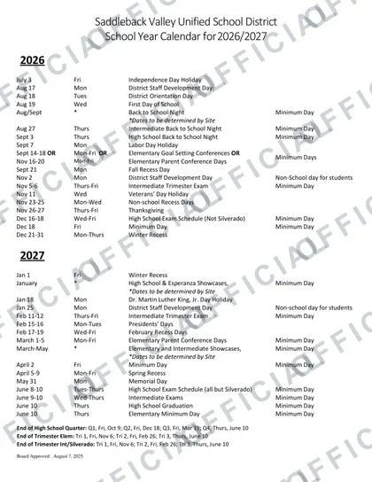 Saddleback Valley USD 2026-27 calendar